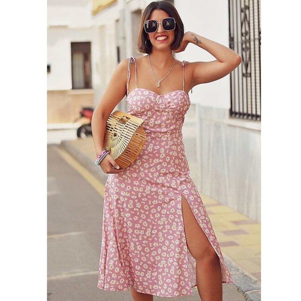 Pink Floral Tie Strap High Slit Midi Dress - Picture 14 of 16